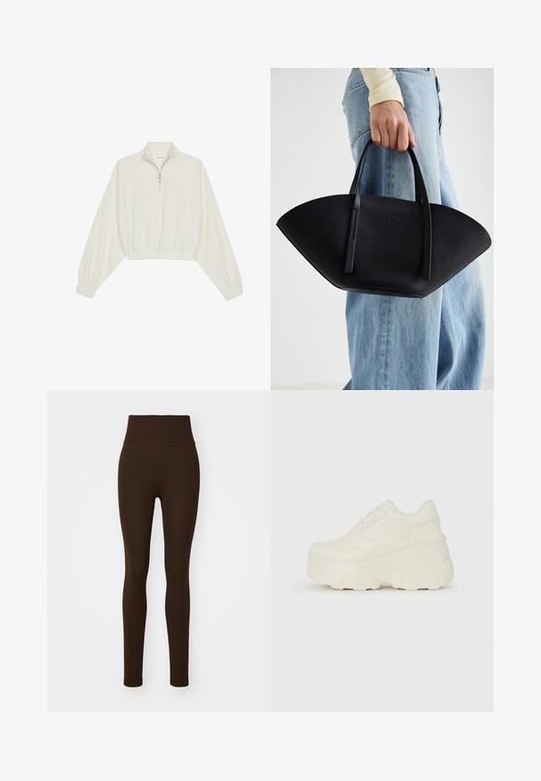 Geknipt pullover in crèmekleurige stof, met een hoge kraag, halve rits, elastische zoom en manchetten, met een soepele textuur en minimalistisch ontwerp.; Puma SHAPELUXE SEAMLESS - Tights - espresso brown; Witte platform sneakers met een gladde leren bovenkant, afgeronde vorm, gewatteerde kraag en een gestructureerde rubberen zool met duidelijke profiel.; Zwarte leren handtas met een unieke waaier vorm, voorzien van platte handvatten. Het oppervlak heeft een gewelfde textuur en een minimalistisch ontwerp.