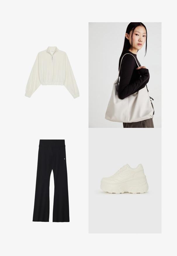 Skraćeni pulover od kremastog materijala, s visokim ovratnikom, zatvaranjem na polovicu munje, elastičnim rubom i manžetama, s glatkom teksturom i minimalnim dizajnom.; Crne hlače na zvono izrađene od rastezljivog materijala, s širokim pojasom i malim logotipom na kuku. Glatka tekstura i dizajn pune duljine.; Bijele platformske tenisice s glatkim gornjim dijelom koji nalikuje koži, zaobljenim oblikom, podstavljenim okvirom i teksturiranim gumeni potplat s definiranom profilacijom.; Bežna torba od mekog materijala s opuštenim dizajnom, šivanim detaljima i dva remena za rame. Pogodna za svakodnevnu upotrebu.