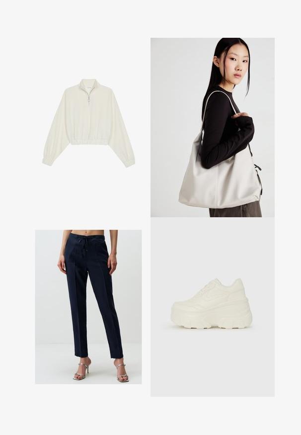 Pullover accorciato in tessuto crema, con colletto alto, chiusura a zip parziale, orlo e polsini elasticizzati, dalla texture liscia e design minimal.; Pantaloni in misto lino blu navy con vita regolabile, gambe dritte e pieghe frontali. Presentano una texture liscia e un design pulito.; Sneakers bianchi con piattaforma, caratterizzati da una parte superiore simile alla pelle liscia, forma arrotondata, collo imbottito e suola in gomma testurizzata con scanalature ben definite.; Borsa a mano beige realizzata in materiale morbido, caratterizzata da un design morbido, dettagli cuciti e due manici. Adatta per l'uso quotidiano.