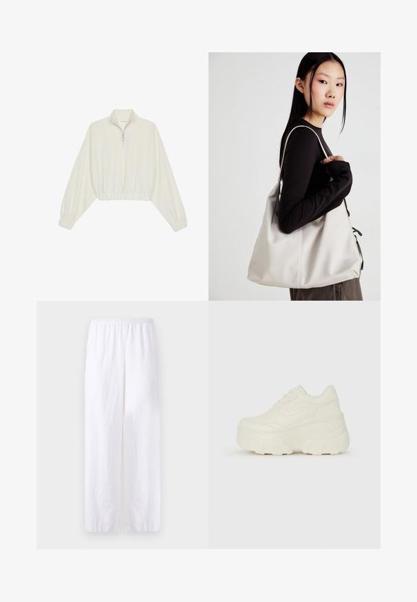 Cropped pullover in cream fabric, featuring a high collar, half-zip closure, elasticated hem and cuffs, with a smooth texture and minimal design.; White linen pants with an elastic waistband, featuring a straight-leg design and side slits for ventilation and ease of movement.; White platform sneakers featuring a smooth leather-like upper, rounded shape, padded collar, and textured rubber sole with defined treads.; Beige handbag made of soft material, featuring a slouchy design, stitched detailing, and two shoulder straps. Suitable for everyday use.