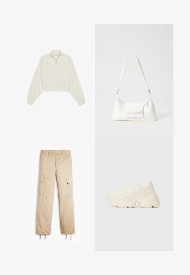 Skraćeni pulover od kremastog materijala, s visokim ovratnikom, zatvaranjem na polovicu munje, elastičnim rubom i manžetama, s glatkom teksturom i minimalnim dizajnom.; Bež cargo hlače s opuštenim krojem, višestrukim prednjim i bočnim džepovima, žnjarima na manžetama i glatkom pamučnom teksturom.; Masivne bijele tenisice od teksturirane mreže i sintetičkih materijala, sa debelim potplatom i složenim uzorcima duž strana.; Bijela sintetička torbica s trokutastim oblikom, ravnim prednjim poklopcem i detaljem u obliku mašne, podesivom remenom, glatkom teksturom i minimalističkim dizajnom.