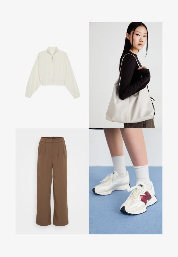 Skraćeni pulover od kremastog materijala, s visokim ovratnikom, zatvaranjem na polovicu munje, elastičnim rubom i manžetama, s glatkom teksturom i minimalnim dizajnom.; Smeđe hlače širokih nogavica s plisama, elastičnim pojasom i glatkom teksturom. Ima klasičan dizajn prikladan za razne kombinacije odjeće.; Par bijelih tenisica s maroon akcentima, teksturiranim panelima, ravnim crnim potplatom i svijetlim vezicama, nošene s bijelim čarapama do gležnjeva.; Bežna torba od mekog materijala s opuštenim dizajnom, šivanim detaljima i dva remena za rame. Pogodna za svakodnevnu upotrebu.