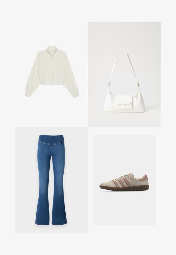 Cropped pullover in cream fabric, featuring a high collar, half-zip closure, elasticated hem and cuffs, with a smooth texture and minimal design.; Flared jeans in medium blue denim, featuring a stretchy waistband, smooth texture, and a slight fade towards the bottom hem.; Beige suede sneaker with pink accents, featuring three overlapping stripes, a textured toe cap, and a rubber outsole with grooves.; White synthetic handbag with a triangular shape, flat front flap and bow detail, adjustable strap, smooth texture, and minimalistic design.