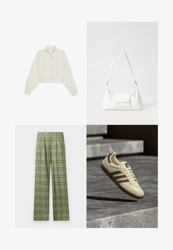 Pullover curto em tecido creme, apresentando um colarinho alto, fecho de meio zíper, bainha e punhos elásticos, com uma textura suave e design minimalista.; Calças largas verdes com padrão xadrez preto e uma cintura alta, pregas frontais e bolsos laterais.; Ténis cor creme com detalhes castanhos, riscas laterais texturizadas e acabamento em couro liso. Apresenta um design com atacadores e sola de borracha.; Mala sintética branca com formato triangular, aba frontal plana e detalhe de laço, alça ajustável, textura suave e design minimalista.