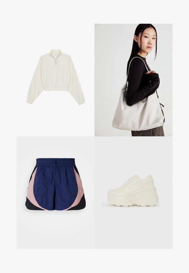 Zkrátený pulover z krémového materiálu, s vysokým golierom, polovičným zipsom, elastickým lemom a manžetami, s hladkou textúrou a minimalistickým dizajnom.; Športové šortky Nike s elastickým pásom, s námorníckymi, ružovými a čiernymi panelmi. Vyrobené z ľahkej, textúrovanej látky.; Biele platformové tenisky s hladkým koženkovým svrchným materiálom, zaobleným tvarom, polstrovaným golierom a textúrovanou gumovou podrážkou s výrazným vzorom.; Béžová kabelka vyrobená z mäkkého materiálu, s uvoľneným dizajnom, prišitými detailmi a dvoma popruhmi na nosenie na pleciach. Vhodná na každodenné nosenie.