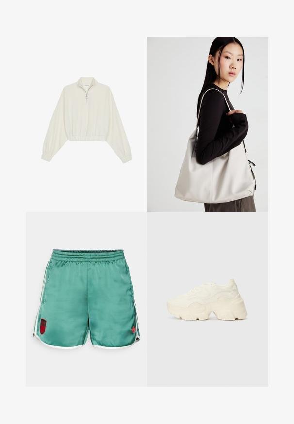 Kreemfarbenest lühikese varrukaga kudum, millel on kõrge kaelus, pool tõmblukk, elastne allosa ja varrukad, sile tekstuur ja minimaalne disain.; Rohelised satiinist lühikesed püksid valge ääre, elastse vöökoha ja punase Italia logoga; omavad siledat tekstuuri ja külgriide.; Paksud valged tennised, mis on valmistatud tekstureeritud võrgu- ja sünteetilistest materjalidest, pakuvad paksu tallaga ja keerukat mustrit külgedel.; Bež käekott pehme materjali, millel on lõtv disain, õmblustega detailid ja kaks õlarihma. Sobib igapäevaseks kasutamiseks.