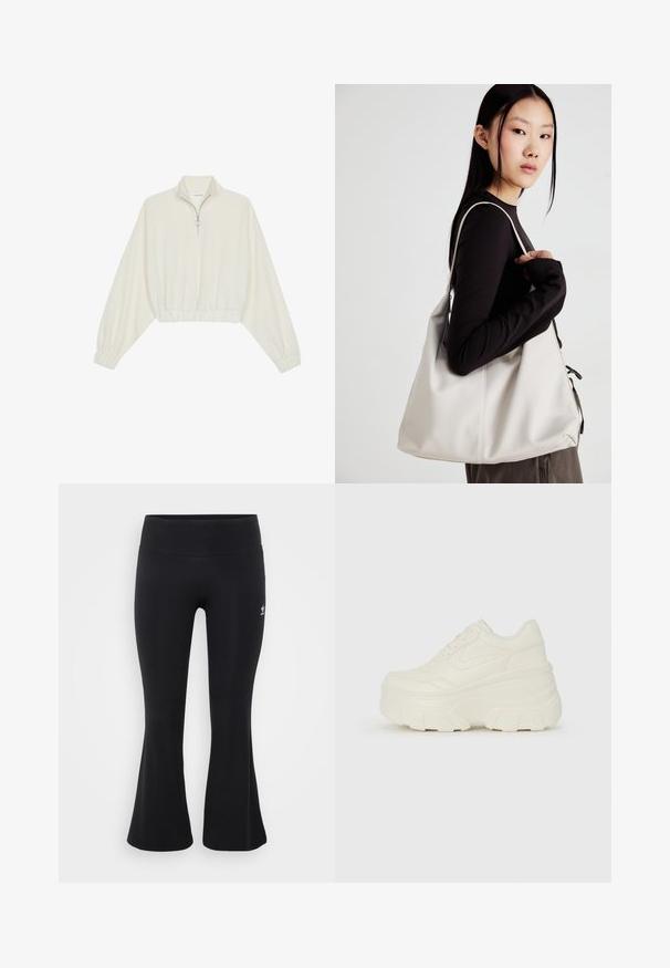 Kort genser i kremfarget stoff, med høy krage, halv glidelås, elastisk nederste kant og mansjetter, med en glatt tekstur og minimalistisk design.; Svarte vide leggings laget av ribbet materiale, med høy midje og en liten hvit logo på venstre hofte.; Hvite plattformsnickers med en glatt læraktig overdel, avrundet form, polstret krage og teksturert gummisåle med tydelige dekk.; Beige håndveske laget av mykt materiale, med en slapp design, sydd detaljer og to skulderstropper. Passer for daglig bruk.