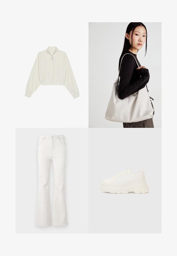 Gerippter Pullover aus cremefarbener Baumwolle mit hohem Kragen, halbem Reißverschluss, elastischen Säumen und Bündchen, glatter Textur und minimalistischem Design.; Weiße, aus Denim gefertigte Schlagjeans mit hoher Taille, fünf Taschen und klassischem Knopfverschluss. Glatte Textur mit sauberem Finish.; Weiße Leinensneaker mit einer massiven Sohle, abgerundeter Spitze und fünf Ösen für Schnürsenkel. Hinterer Tab für ein einfaches Anziehen. Glatte Textur, minimalistisches Design.; Beige Handtasche aus weichem Material, mit einem lässigen Design, gesteppten Details und zwei Schulterriemen. Geeignet für den täglichen Gebrauch.