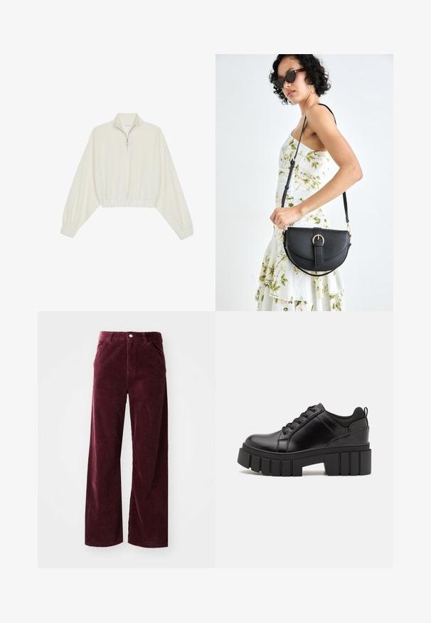 Pullover court en tissu crème, avec un col haut, fermeture éclair à mi-hauteur, ourlet et poignets élastiqués, offrant une texture lisse et un design minimaliste.; Pantalons en velours côtelé bordeaux avec une coupe large, dotés de poches avant, d'une fermeture à bouton et d'une texture côtelée sur toute la surface.; Chaussures à plateforme en cuir noir avec un talon bloc épais, bout rond et un design traditionnel à lacets. Elles présentent une texture lisse et un détail minimal.; Sac à main en cuir noir avec une forme courbée, bandoulière amovible et des accessoires en or. Le sac est doté d'un rabat avec un détail de boucle.