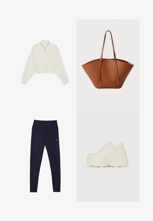 Avkortad tröja i krämfärgad tyg, med hög krage, halvdragkedja, elastisk nederkant och ärmar, med en slät yta och minimalistisk design.; Marinblå leggings i stretchigt tyg med hög midjeresår. Har en liten logodetalj på vänster sida och platta sömmar.; Vita plattformssneakers med en slät läderliknande överdel, rundad form, vadderad krage och texturerad gummisula med definierade mönster.; Brun läder tote-väska med en bred, strukturerad form, tunna handtag och en texturerad yta. Den har en minimalistisk design utan synlig hårdvara.