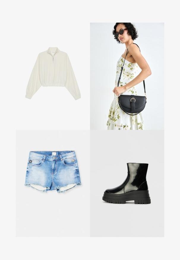 Kreptais pusītes džemperis krēmkrāsā, ar augstu apkakli, puszipa aizdari, elastīgu apakšmalu un aprocēm, ar gludu tekstūru un minimālistisku dizainu.; Gaiši zili džinsu šorti ar šķirtu apakšmalu, piecu kabatu dizainu un sudraba pogu detalizāciju jostasvietā. Augsta vidukļa piegriezums.; Melnas spīdīgas potītes zābaki ar biezu zoli un noapaļotu purngalu, sānu skats uz vienkārša gaiši pelēka fona.; Melnas ādas rokassoma ar izliekta formu, noņemamu siksnu un zelta aksesuāriem. Somai ir vāciņš ar sprādzes detaļu.