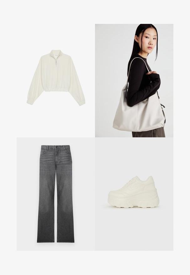 Geknipt pullover in crèmekleurige stof, met een hoge kraag, halve rits, elastische zoom en manchetten, met een soepele textuur en minimalistisch ontwerp.; Grijze denim wijde pijpen jeans met een middelmatige wasbeurt, voorzien van een vijf-vakken ontwerp, een sluiting met een frontknop en subtiele naden.; Witte platform sneakers met een gladde leren bovenkant, afgeronde vorm, gewatteerde kraag en een gestructureerde rubberen zool met duidelijke profiel.; Beige handtas gemaakt van zacht materiaal, met een slonzig ontwerp, gestikte details en twee schouderbanden. Geschikt voor dagelijks gebruik.
