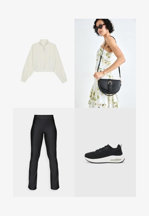Cropped pullover in cream fabric, featuring a high collar, half-zip closure, elasticated hem and cuffs, with a smooth texture and minimal design.; Black stretch leggings with a smooth texture and fitted design. Features a wide waistband and slight flare at the ankles. No visible patterns.; Black athletic sneaker with a textured knit upper, white midsole, and visible air cushioning detail. Features black laces and a pull tab.; Black leather handbag with a curved shape, detachable strap, and gold hardware. The bag features a flap with a buckle detail.
