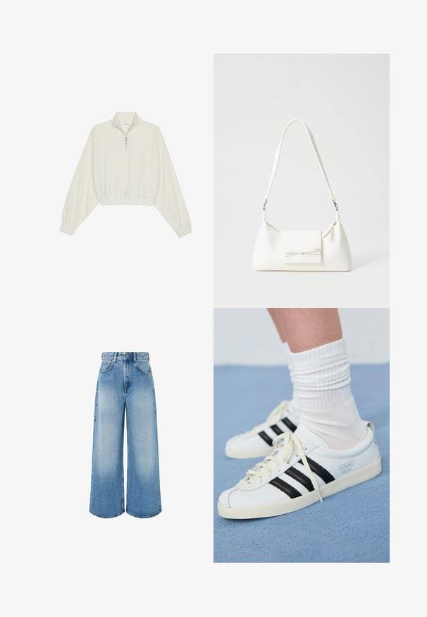 Kreminės spalvos trumpas megztinis, turintis aukštą apykaklę, pusiau užtrauktuką, elastinį apačią irRankovių kraštus, su lygiu paviršiumi ir minimalizuotu dizainu.; Šviesiai mėlynos plačios kojų džinsinės kelnės, pagamintos iš džinsinio audinio, su aukštu liemeniu, mygtukų užsegimu ir subtiliu išblukimu, turinčiu švarius apdailos kraštus.; Baltos odinės sportbačiai su juodomis juostelėmis, kreminiu padu ir šviesiomis raištelėmis. Dėvimi su baltais raukšlėtais kojinėmis, pastatyti ant mėlyno fono.; Balta sintetinė rankinė trikampio formos, plokščiu priekiu su užsegimu, kaspino detale, reguliuojama dirželiu, lygia tekstūra ir minimalistišku dizainu.