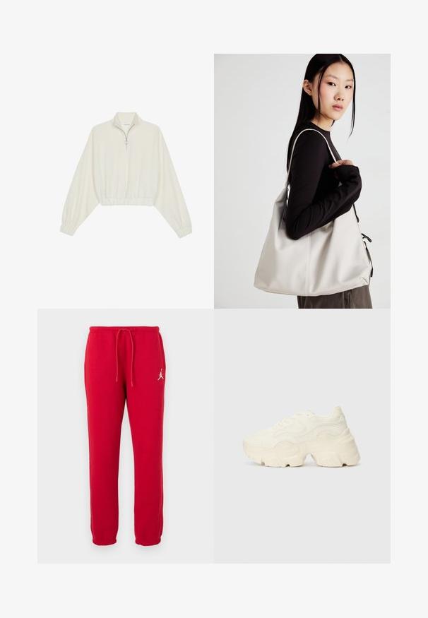 Zkrátený pulover z krémového materiálu, s vysokým golierom, polovičným zipsom, elastickým lemom a manžetami, s hladkou textúrou a minimalistickým dizajnom.; Červené bavlnené tepláky s viazaním v páse, elastickými manžetami a bielym logom na ľavom stehne. Hladká textura, klasický strih.; Masívne biele tenisky vyrobené z texturovanej sieťoviny a syntetických materiálov, s hrubou podošvou a zložitými vzorovými detailmi na bokoch.; Béžová kabelka vyrobená z mäkkého materiálu, s uvoľneným dizajnom, prišitými detailmi a dvoma popruhmi na nosenie na pleciach. Vhodná na každodenné nosenie.