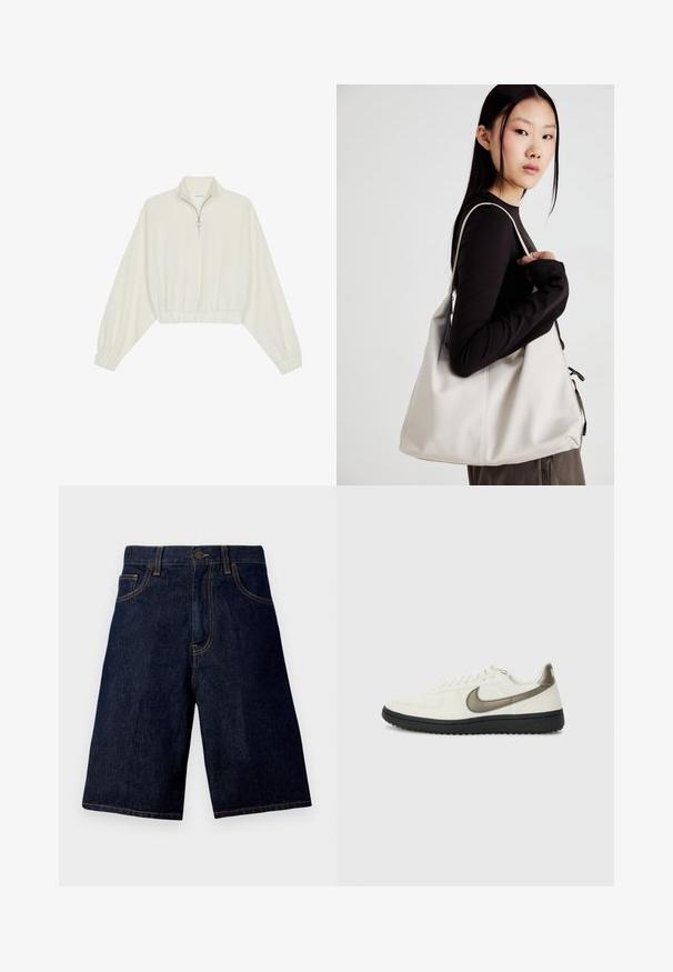 Kreptais pusītes džemperis krēmkrāsā, ar augstu apkakli, puszipa aizdari, elastīgu apakšmalu un aprocēm, ar gludu tekstūru un minimālistisku dizainu.; Tumši zili džinsu šorti ar taisnu griezumu, kas iezīmē klasisko piecu kabatu dizainu un kontrastējošu zelta diegu.; Nike Sportswear FIELD GENERAL - Treniņu apavi - off-white/black; Bežs rokassoma, izgatavota no mīksta materiāla, ar brīvu dizainu, izšūtu apdari un divām plecu siksnām. Piemērota ikdienas lietošanai.