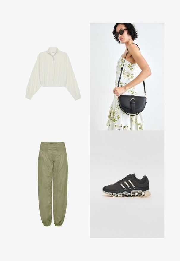 Kort striktrøje i cremefarvet stof med høj krave, halvlynlås, elastisk kant og manchetter, glat tekstur og minimalistisk design.; Lys olivengrønne, løstsiddende bukser med en smocket talje og elastiske manchetter; lavet af blødt, tekstureret stof.; Sort træningssko med en tekstureret overdel, tre sølvstriber og en karakteristisk støttende sål med flere integrerede sektioner.; Sort læderhåndtaske med en buet form, aftagelig rem og guldfinish. Tasken har en klap med en spænde detalje.