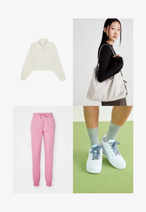 Skraćeni pulover od kremastog materijala, s visokim ovratnikom, zatvaranjem na polovicu munje, elastičnim rubom i manžetama, s glatkom teksturom i minimalnim dizajnom.; Roze trenirke s elastičnim pojasom, zatvaranjem na vezicu i rebrastim manžetama. Imaju mali bijeli logo na lijevom bedru.; Bijele kožne tenisice s plavim akcentima, perforiranim dizajnom na prstima i teksturiranim plavo-bijelim vezicama, nosene s tamnosivim rebrastim čarapama.; Bežna torba od mekog materijala s opuštenim dizajnom, šivanim detaljima i dva remena za rame. Pogodna za svakodnevnu upotrebu.