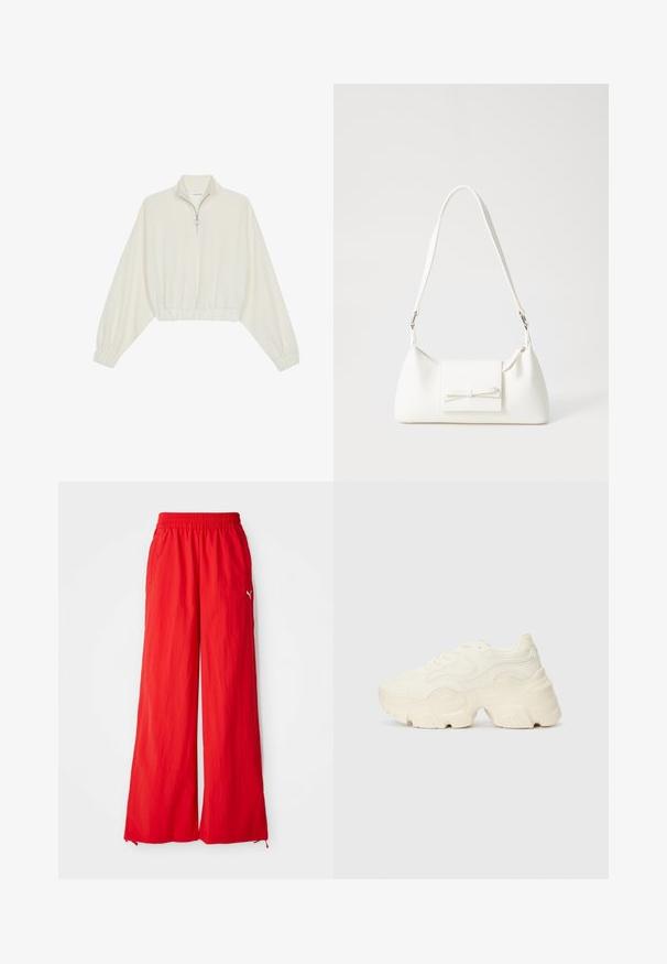 Sudadera cropped en tejido crema, con cuello alto, cierre de media cremallera, dobladillo y puños elásticos, con una textura suave y un diseño minimalista.; Pantalones anchos rojos hechos de material ligero, con cintura elástica, bolsillos laterales y un sutil detalle del logo en el costado.; Zapatillas blancas gruesas hechas de malla texturizada y materiales sintéticos, con una suela gruesa y detalles de patrones intrincados a lo largo de los lados.; Bolso sintético blanco con forma triangular, tapa frontal plana y detalle de lazo, correa ajustable, textura suave y diseño minimalista.