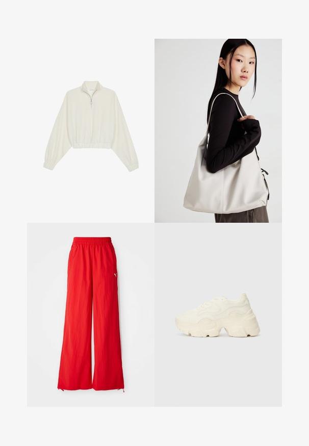 Gerippter Pullover aus cremefarbener Baumwolle mit hohem Kragen, halbem Reißverschluss, elastischen Säumen und Bündchen, glatter Textur und minimalistischem Design.; Rote Weitbeine-Hosen aus leichtem Material, mit elastischem Bund, Seitentaschen und einem dezenten Logodetail an der Seite.; Flockige weiße Sneaker aus strukturiertem Mesh und synthetischen Materialien, mit einer dicken Sohle und komplizierten Mustern entlang der Seiten.; Beige Handtasche aus weichem Material, mit einem lässigen Design, gesteppten Details und zwei Schulterriemen. Geeignet für den täglichen Gebrauch.