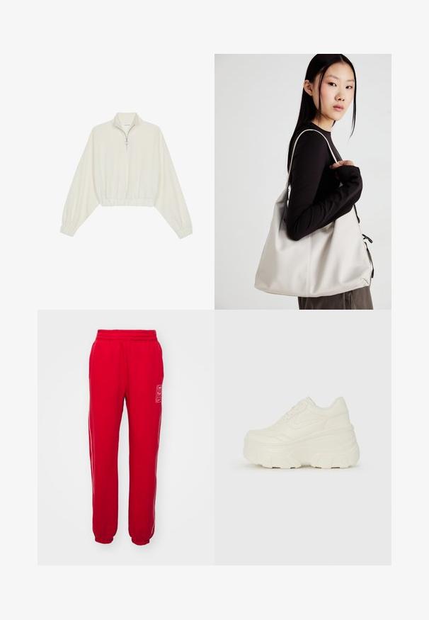 Kreemfarbenest lühikese varrukaga kudum, millel on kõrge kaelus, pool tõmblukk, elastne allosa ja varrukad, sile tekstuur ja minimaalne disain.; Punased dressipüksid elastse vöökoha ja kitsenevate säärtega, valgete külgtriipudega ning väikese logoplaastriga ees. Pehme kangastekstuuri.; Valged platvormi tõusukingad, millel on siledast nahast meenutav pealis, ümar kuju, pehmendatud kaelus ja tekstureeritud kummitald koos selgete hüdrofoobsete mustritega.; Bež käekott pehme materjali, millel on lõtv disain, õmblustega detailid ja kaks õlarihma. Sobib igapäevaseks kasutamiseks.