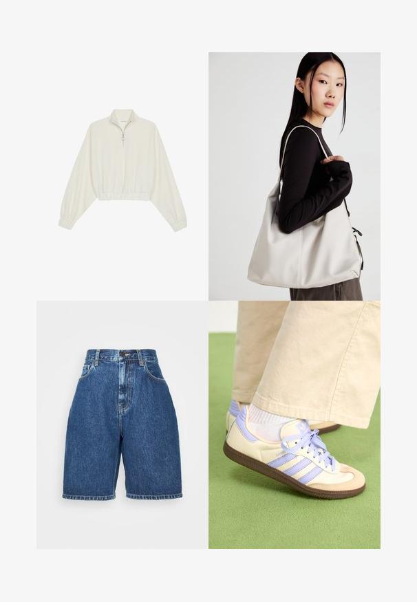 Cropped pullover in cream fabric, featuring a high collar, half-zip closure, elasticated hem and cuffs, with a smooth texture and minimal design.; Denim shorts with a high waist, in a dark blue color. Features classic five-pocket style, straight cut, and folded hem. Cotton material.; Cream and lavender sneakers with three stripes and a textured brown sole, featuring laces and a padded heel. Soft fabric upper.; Beige handbag made of soft material, featuring a slouchy design, stitched detailing, and two shoulder straps. Suitable for everyday use.