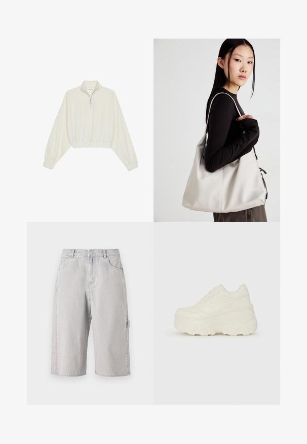 Sudadera cropped en tejido crema, con cuello alto, cierre de media cremallera, dobladillo y puños elásticos, con una textura suave y un diseño minimalista.; Pantalones cortos de mezclilla gris claro con un ajuste relajado, que cuentan con un diseño de cinco bolsillos y un bolsillo lateral tipo carga. Tejido texturizado con un desgaste sutil.; Zapatillas de plataforma blancas con un upper suave similar al cuero, forma redondeada, cuello acolchado y suela de goma texturizada con surcos definidos.; Bolso de mano beige hecho de material suave, con un diseño holgado, detalles cosidos y dos asas. Adecuado para uso diario.