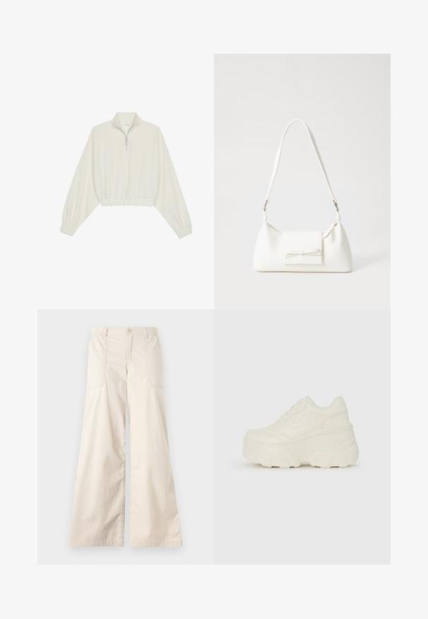 Skórzany pulower w kolorze kremowym, z wysokim kołnierzem, półzamkiem, elastycznym wykończeniem u dołu i mankietami, o gładkiej teksturze i minimalistycznym designie.; Beżowe spodnie o szerokich nogawkach z zapięciem na guzik, elastycznym pasem i dwoma bocznymi kieszeniami. Gładki bawełniany materiał o miękkiej strukturze.; Białe sneakersy na platformie z gładkim, skórzano przypominającym wierzchem, zaokrąglonym kształtem, wyściełanym kołnierzem oraz teksturowaną gumową podeszwą z wyraźnym bieżnikiem.; Biała syntetyczna torba o trójkątnym kształcie, płaskim przednim klapce i detalach w postaci kokardy, regulowanym pasku, gładkiej fakturze oraz minimalistycznym designie.