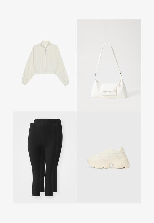 Krém színű, rövidített pulóver, magas gallérral, félig cipzáros záródással, elasztikus derék- és ujjakrésszel, sima textúrával és minimalista dizájnnal.; Fekete leggings rugalmas derékpánttal, sima textúrával, középmagas vádli hosszal és látható minták vagy díszítések nélkül.; Tömbös fehér sneakers, amely texturált hálóból és szintetikus anyagokból készült, vastag talppal és bonyolult mintázattal az oldalakon.; Fehér szintetikus kézitáska, háromszög alakú, lapos előlap, masni részlettel, állítható pánttal, sima textúrával és minimalista dizájnnal.