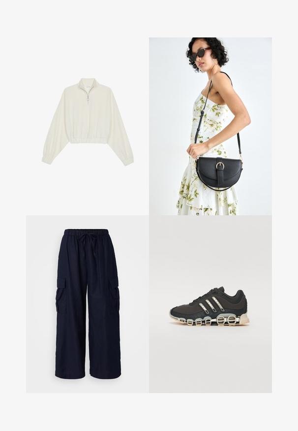 Kreptais pusītes džemperis krēmkrāsā, ar augstu apkakli, puszipa aizdari, elastīgu apakšmalu un aprocēm, ar gludu tekstūru un minimālistisku dizainu.; Jūras zilas kravas bikses ar brīvu piegriezumu, elastīgu jostu ar auklu un divām sānu kabatām. Izgatavotas no viegla auduma.; Melna sporta apavi ar teksturētu augšdaļu, trim sudraba svītrām un atšķirīgu amortizācijas zoli, kas sastāv no vairākiem integrētiem sekvencēm.; Melnas ādas rokassoma ar izliekta formu, noņemamu siksnu un zelta aksesuāriem. Somai ir vāciņš ar sprādzes detaļu.