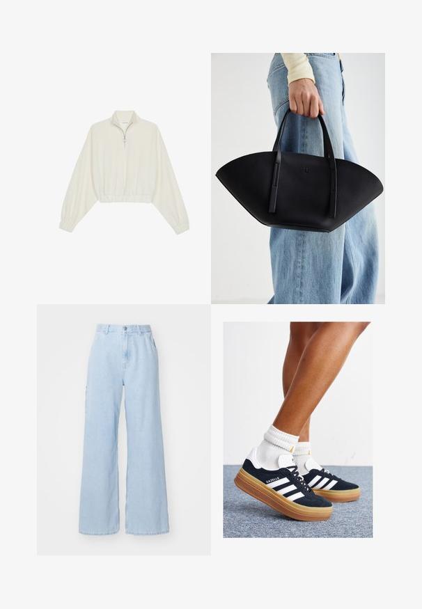 Pullover curto em tecido creme, apresentando um colarinho alto, fecho de meio zíper, bainha e punhos elásticos, com uma textura suave e design minimalista.; Jeans de perna larga azul clara feitos de denim, com bolsos frontais, passadores de cinto e fecho de botão. Textura lisa e acabamento limpo.; Ténis de camurça preta com riscas e detalhes brancos, biqueira arredondada, sola em borracha cor de goma, combinados com meias brancas caneladas até à altura do tornozelo.; Bolsa de mão em couro preto com uma forma única em leque, apresentando alças planas. A superfície tem uma textura pebble e um design minimalista.