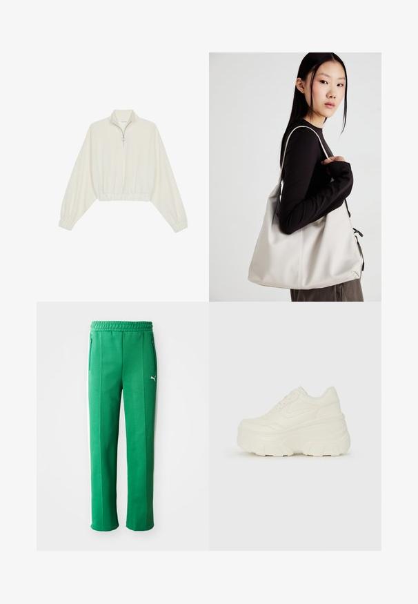Kreptais pusītes džemperis krēmkrāsā, ar augstu apkakli, puszipa aizdari, elastīgu apakšmalu un aprocēm, ar gludu tekstūru un minimālistisku dizainu.; Zaļi sporta bikses ar tekstūru, elastīga josta, sānu kabatas un baltas sānu svītras. Zīmola logo redzams priekšpusē.; Baltie platformas sporta apavi, kas izgatavoti no gludas mākslīgās ādas, ar noapaļotu formu, mīkstu apkakli un teksturētu gumijas zoli ar izteiktiem rakstiem.; Bežs rokassoma, izgatavota no mīksta materiāla, ar brīvu dizainu, izšūtu apdari un divām plecu siksnām. Piemērota ikdienas lietošanai.