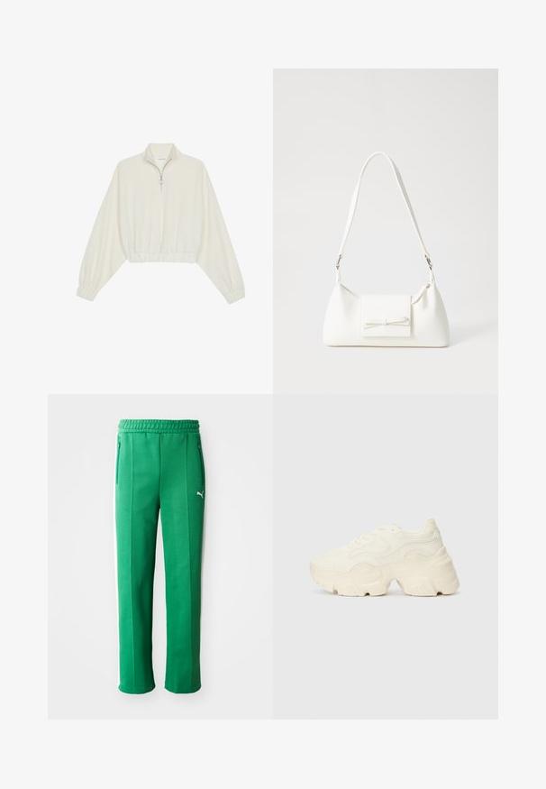 Pullover curto em tecido creme, apresentando um colarinho alto, fecho de meio zíper, bainha e punhos elásticos, com uma textura suave e design minimalista.; Calças desportivas verdes com um acabamento texturizado, cintura elástica, bolsos laterais e riscas brancas nas laterais. Logótipo da marca visível na frente.; Sapatilhas brancas chunky feitas de malha texturizada e materiais sintéticos, apresentando uma sola espessa e detalhes de padrão intrincados ao longo dos lados.; Mala sintética branca com formato triangular, aba frontal plana e detalhe de laço, alça ajustável, textura suave e design minimalista.