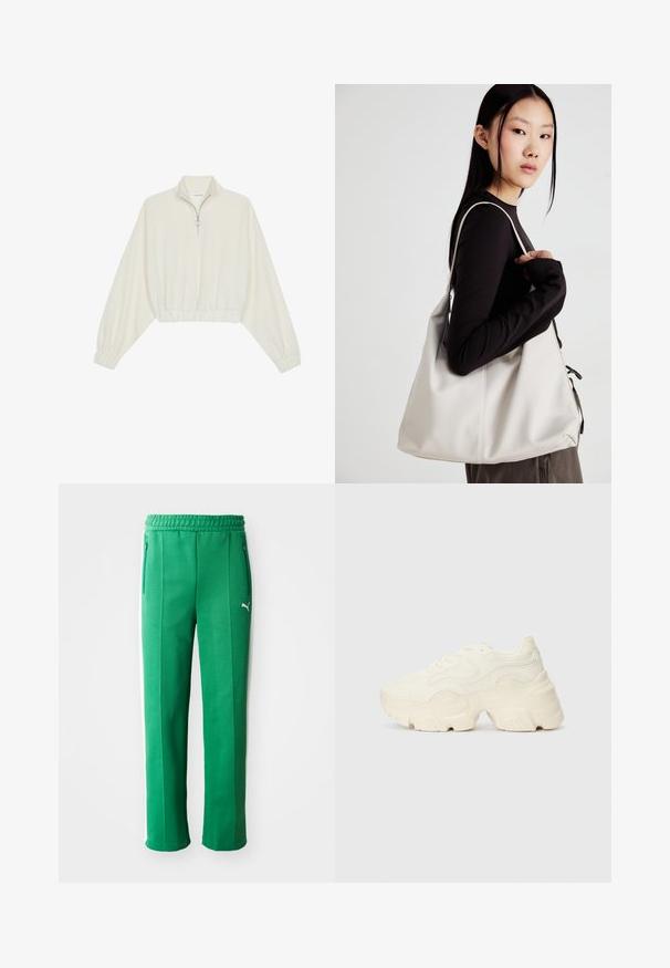 Zkrátený pulover z krémového materiálu, s vysokým golierom, polovičným zipsom, elastickým lemom a manžetami, s hladkou textúrou a minimalistickým dizajnom.; Zelené športové nohavice s textúrovaným povrchom, elastickým pásom, bočnými vreckami a bielymi bočnými pruhmi. Logo značky viditeľné na prednej strane.; Masívne biele tenisky vyrobené z texturovanej sieťoviny a syntetických materiálov, s hrubou podošvou a zložitými vzorovými detailmi na bokoch.; Béžová kabelka vyrobená z mäkkého materiálu, s uvoľneným dizajnom, prišitými detailmi a dvoma popruhmi na nosenie na pleciach. Vhodná na každodenné nosenie.