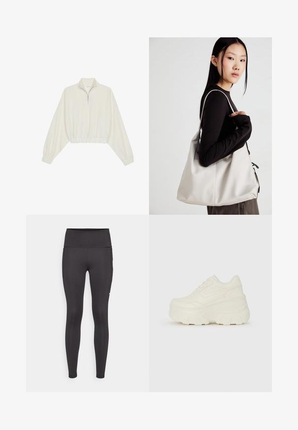 Pullover accorciato in tessuto crema, con colletto alto, chiusura a zip parziale, orlo e polsini elasticizzati, dalla texture liscia e design minimal.; Leggings neri con vita alta, tessuto morbido e vestibilità aderente. Include tasche laterali e dettagli di cucitura minimi.; Sneakers bianchi con piattaforma, caratterizzati da una parte superiore simile alla pelle liscia, forma arrotondata, collo imbottito e suola in gomma testurizzata con scanalature ben definite.; Borsa a mano beige realizzata in materiale morbido, caratterizzata da un design morbido, dettagli cuciti e due manici. Adatta per l'uso quotidiano.