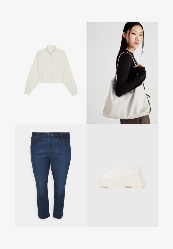 Pullover curto em tecido creme, apresentando um colarinho alto, fecho de meio zíper, bainha e punhos elásticos, com uma textura suave e design minimalista.; Levi's® Plus 724™ PL HR STRAIGHT - Calças de ganga de perna direita - blue denim; Sapatilhas brancas em lona com sola espessa, biqueira arredondada e cinco ilhós para atacadores. Laço traseiro para calçar facilmente. Textura suave, design minimalista.; Uma bolsa bege feita de material macio, com um design descontraído, detalhes de costura e duas alças para o ombro. Adequada para uso diário.