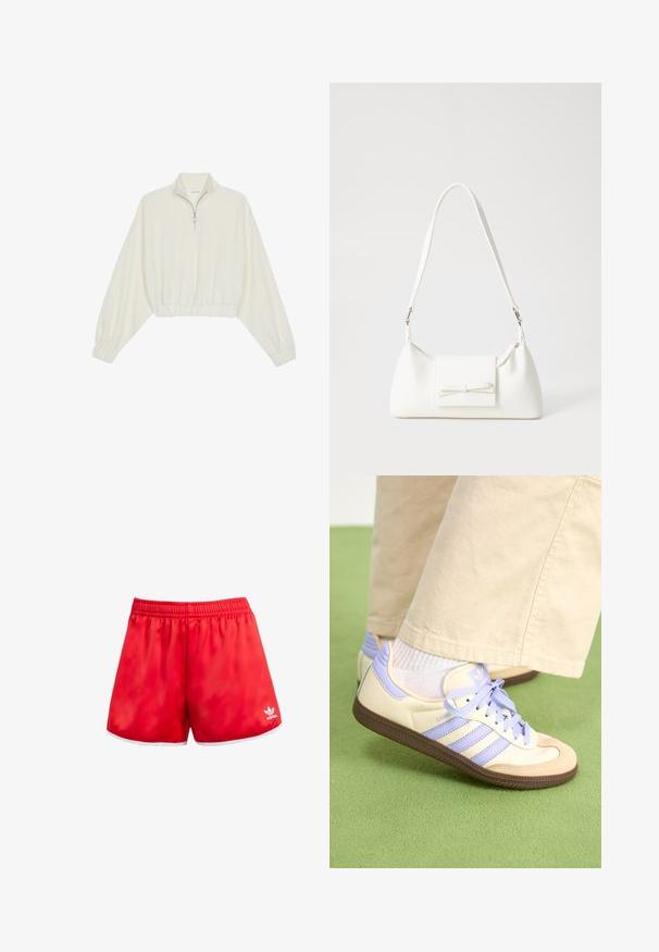 Avkortad tröja i krämfärgad tyg, med hög krage, halvdragkedja, elastisk nederkant och ärmar, med en slät yta och minimalistisk design.; Röda sportshorts med resår i midjan, vit kant vid nederkanten och en subtil glans. Har Adidas-logotypen i vitt på nedre vänster sida.; Krämfärgade och lavendelfärgade sneakers med tre ränder och en texturerad brun sula, med snören och en vadderad häl. Mjuk tygobero.; Vit syntetisk handväska med triangulär form, platt framklaff och rosettdetalj, justerbar rem, slät textur och minimalistisk design.