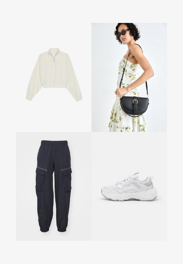 Zkrátený pulover z krémového materiálu, s vysokým golierom, polovičným zipsom, elastickým lemom a manžetami, s hladkou textúrou a minimalistickým dizajnom.; Námornícke cargo nohavice s elastickým pásom, obsahujúce dva bočné vrecká a elastické manžety, vyrobené z mäkkej, štruktúrovanej tkaniny.; Biele športové tenisky s prešívaným zvrškom, polstrovaným jazykom a slučkou na jazyku. Hrubá gumová podrážka s textúrovaným detailom a striebornými akcentmi.; Čierna kožená kabelka s zaobleným tvarom, odnímateľným popruhom a zlatými doplnkami. Kabelka má klopu s detailom s prackou.