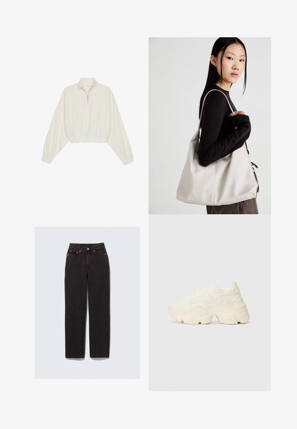 Kreemfarbenest lühikese varrukaga kudum, millel on kõrge kaelus, pool tõmblukk, elastne allosa ja varrukad, sile tekstuur ja minimaalne disain.; Mustmust värvi teksad kõrge vöökoha, sirge säärega, vaskse riistvara aktsentidega, viie-tasku disainiga ja nähtavate õmbluste detailidega.; Paksud valged tennised, mis on valmistatud tekstureeritud võrgu- ja sünteetilistest materjalidest, pakuvad paksu tallaga ja keerukat mustrit külgedel.; Bež käekott pehme materjali, millel on lõtv disain, õmblustega detailid ja kaks õlarihma. Sobib igapäevaseks kasutamiseks.