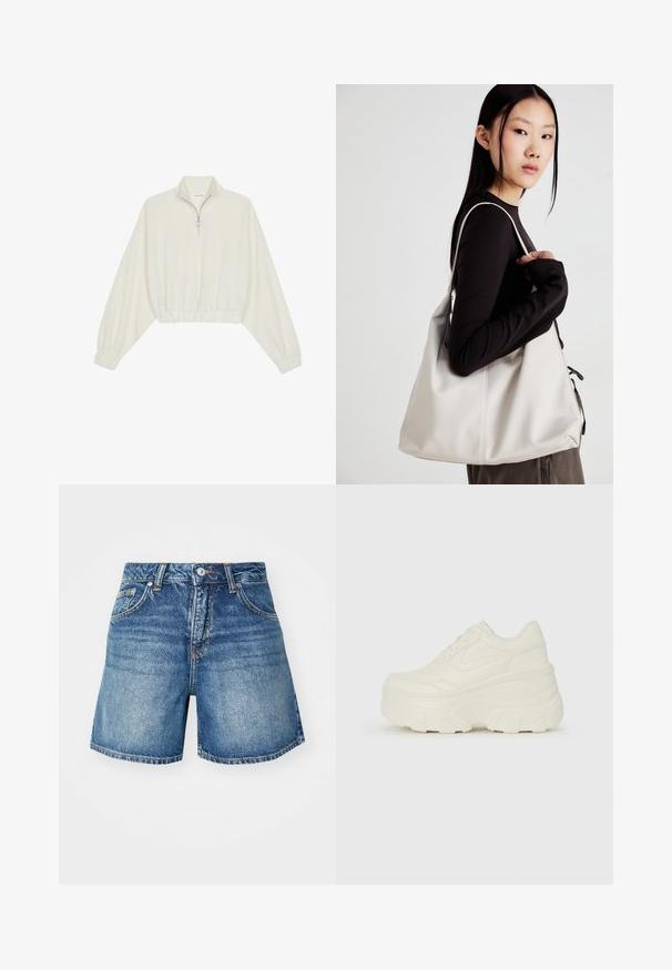Pullover curto em tecido creme, apresentando um colarinho alto, fecho de meio zíper, bainha e punhos elásticos, com uma textura suave e design minimalista.; Calções de ganga em um tom de azul médio com corte reto. Apresentam cinco bolsos, fecho com botão e costuras em contraste ao longo das costuras.; Tênis brancos de plataforma com um cabedal suave semelhante a couro, formato arredondado, colarinho acolchoado e sola de borracha texturizada com ranhuras bem definidas.; Uma bolsa bege feita de material macio, com um design descontraído, detalhes de costura e duas alças para o ombro. Adequada para uso diário.