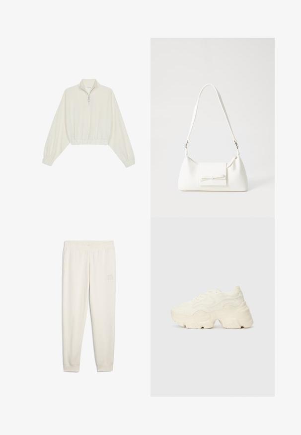 Kreminės spalvos trumpas megztinis, turintis aukštą apykaklę, pusiau užtrauktuką, elastinį apačią irRankovių kraštus, su lygiu paviršiumi ir minimalizuotu dizainu.; Kreminės spalvos sportinės kelnės, pagamintos iš minkštos medžiagos, su elastingu juosmeniu, šoninėmis kišenėmis ir mažu logotipo etikete ant kairiojo šlaunies.; Masyvios baltos sportbačiai, pagaminti iš tekstūruoto tinklelio ir sintetinių medžiagų, pasižymintys storu padu ir išsamiu raštų detalizavimu šonuose.; Balta sintetinė rankinė trikampio formos, plokščiu priekiu su užsegimu, kaspino detale, reguliuojama dirželiu, lygia tekstūra ir minimalistišku dizainu.