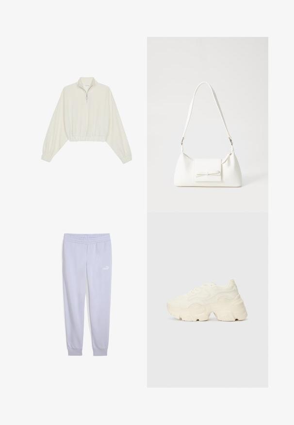 Kort striktrøje i cremefarvet stof med høj krave, halvlynlås, elastisk kant og manchetter, glat tekstur og minimalistisk design.; Lyse lilla sweatpants lavet af blødt stof, med elastisk talje og ribbede manchetter, prydet med et hvidt Puma-logo på forsiden.; Chunky hvide sneakers lavet af tekstureret mesh og syntetiske materialer, med en tyk sål og intrikate mønsterdetaljer langs siderne.; Hvid syntetisk håndtaske med en trekantet form, flad forsideklap og sløjfedetalje, justerbar strop, glat tekstur og minimalistisk design.