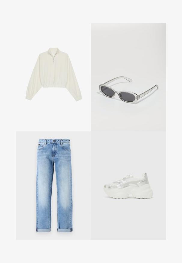 Krém színű, rövidített pulóver, magas gallérral, félig cipzáros záródással, elasztikus derék- és ujjakrésszel, sima textúrával és minimalista dizájnnal.; Világoskék farmernadrág feltekerhető lábszárral, elülső gombbal és cipzárral, klasszikus ötpocket dizájnnal, fehér háttér előtt.; Ezüst színű sportcipő, texturált hálós felsőrésszel és irizáló díszítésekkel, tömbös fehér talppal és fűzős záródással.; Ovális formájú napszemüveg, átlátszó műanyag keret, sötétszürke lencsék és vékony, átlátszó szárak, logóakkcentussal és minimális díszítéssel.