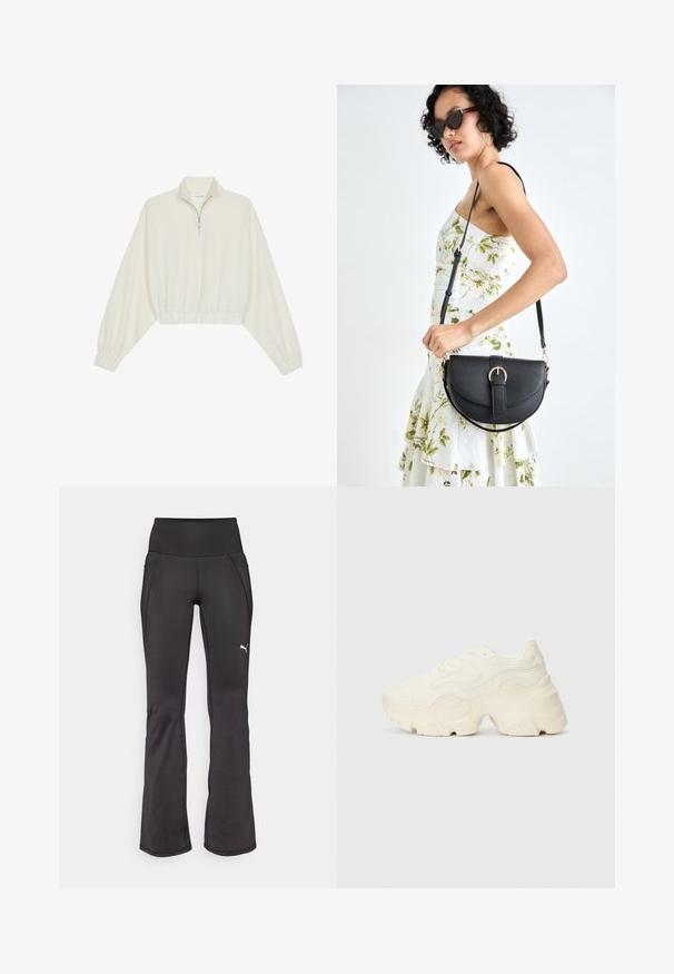 Gerippter Pullover aus cremefarbener Baumwolle mit hohem Kragen, halbem Reißverschluss, elastischen Säumen und Bündchen, glatter Textur und minimalistischem Design.; Schwarze ausgestellte Fitnesshosen mit hohem Bund, aus dehnbarem Stoff, mit einem gestickten weißen Markenlogo und dezenten Nahtdetails.; Flockige weiße Sneaker aus strukturiertem Mesh und synthetischen Materialien, mit einer dicken Sohle und komplizierten Mustern entlang der Seiten.; Schwarze Lederhandtasche mit geschwungener Form, abnehmbarem Tragegurt und goldenen Beschlägen. Die Tasche verfügt über einen Deckel mit einer Schnallen-Details.