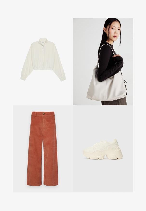 Kort striktrøje i cremefarvet stof med høj krave, halvlynlås, elastisk kant og manchetter, glat tekstur og minimalistisk design.; Rustne corduroypants med vid pasform, der har en enkelt frontknaplukning og tekstureret ribbet mønster over det hele.; Chunky hvide sneakers lavet af tekstureret mesh og syntetiske materialer, med en tyk sål og intrikate mønsterdetaljer langs siderne.; Beige håndtaske lavet af blødt materiale med et slouchy design, stikninger og to skulderremme. Velegnet til daglig brug.