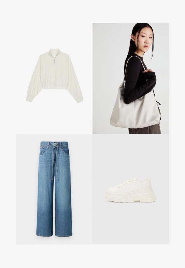 Pullover curto em tecido creme, apresentando um colarinho alto, fecho de meio zíper, bainha e punhos elásticos, com uma textura suave e design minimalista.; Jeans de perna larga em denim azul claro. Apresenta um fecho de botão com cintura ajustável, cinco bolsos e um acabamento ligeiramente desbotado.; Sapatilhas brancas em lona com sola espessa, biqueira arredondada e cinco ilhós para atacadores. Laço traseiro para calçar facilmente. Textura suave, design minimalista.; Uma bolsa bege feita de material macio, com um design descontraído, detalhes de costura e duas alças para o ombro. Adequada para uso diário.