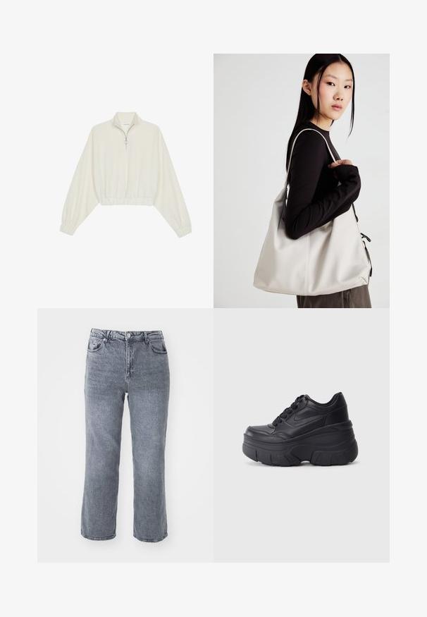 Krém színű, rövidített pulóver, magas gallérral, félig cipzáros záródással, elasztikus derék- és ujjakrésszel, sima textúrával és minimalista dizájnnal.; Szürke, magas derekú farmernadrág, egyenes szárú szabással, két elülső zsebbel és egy hátsó zsebbel, finom kopással.; Fekete fűzős sportcipők vastag talppal, sima bőrből készült felső résszel, kerek orral és jellegzetes, réteges platform dizájnnal.; Puha anyagból készült bézs kézitáska, laza dizájnnal, varrott részletekkel és két vállpánttal. Mindennapi használatra alkalmas.