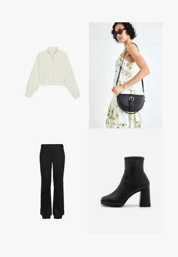 Geknipt pullover in crèmekleurige stof, met een hoge kraag, halve rits, elastische zoom en manchetten, met een soepele textuur en minimalistisch ontwerp.; Zwarte sneeuwbroeken met een rechte snit, verstelbare taille, versterkte manchetten en een subtiele brandingdetail op het linkerbeen.; Zwarte leren enkellaarzen met een hoge blokhak, een gladde textuur en een aansluitende schacht. Heeft een naadloos ontwerp zonder zichtbare sluitingen.; Zwarte leren handtas met een gebogen vorm, afneembare schouderband en gouden hardware. De tas heeft een klep met een gespsluiting.