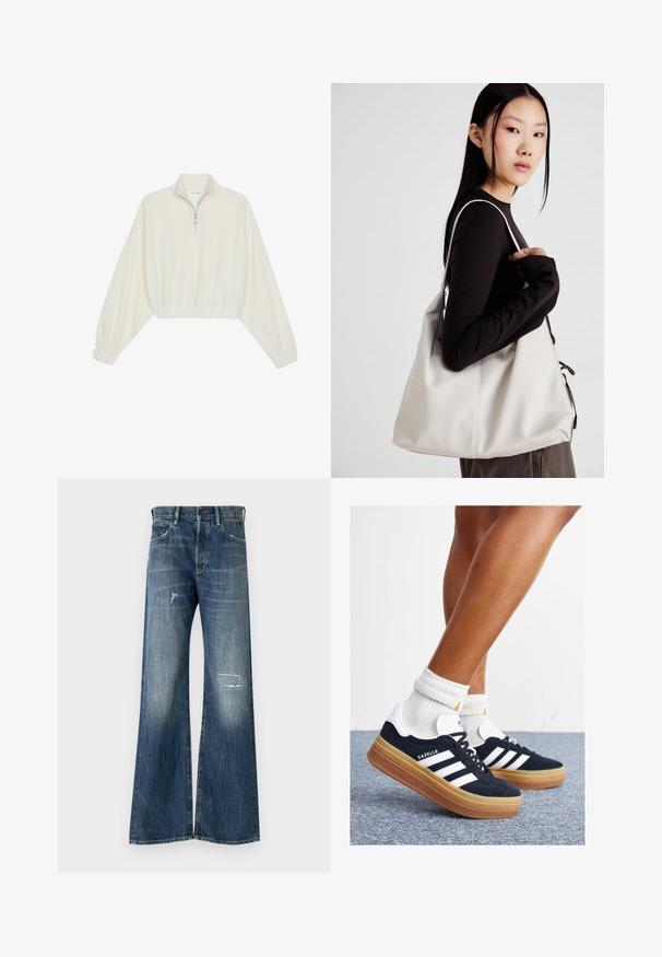 Kreptais pusītes džemperis krēmkrāsā, ar augstu apkakli, puszipa aizdari, elastīgu apakšmalu un aprocēm, ar gludu tekstūru un minimālistisku dizainu.; Plaši kāju džinsi tumši zilā krāsā ar nolietotu dizainu, kurā ir saplēsti laukumi un maiga izbalēšana. Klasiskā piecu kabatu stilā.; Melnas zamšādas sporta kurpes ar baltām svītrām un akcentiem, apaļa purngala daļa, gumijas zole, kopā ar baltām ribotām sporta zeķēm.; Bežs rokassoma, izgatavota no mīksta materiāla, ar brīvu dizainu, izšūtu apdari un divām plecu siksnām. Piemērota ikdienas lietošanai.