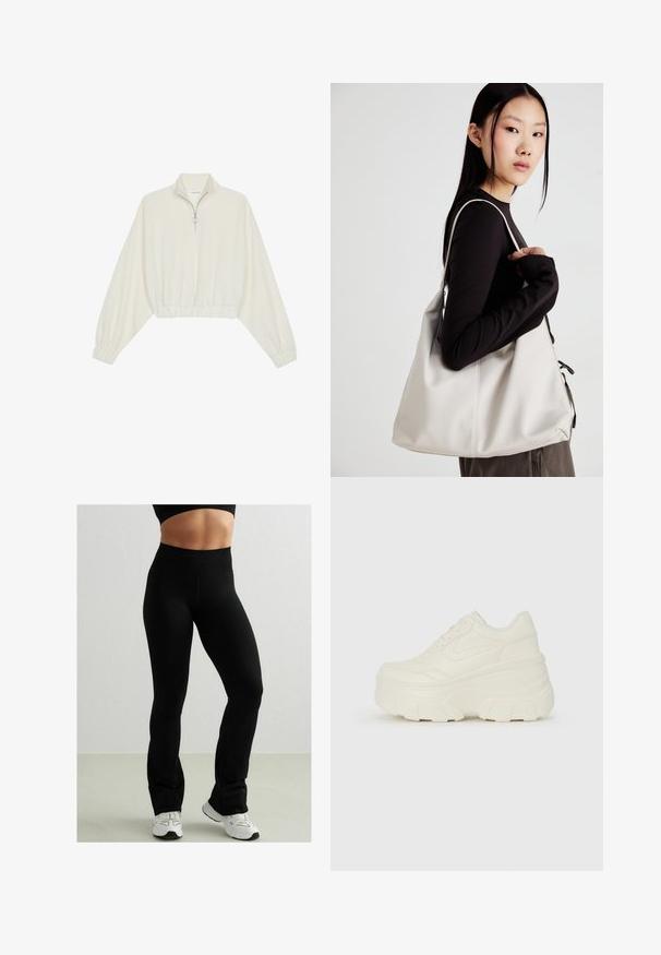 Krém színű, rövidített pulóver, magas gallérral, félig cipzáros záródással, elasztikus derék- és ujjakrésszel, sima textúrával és minimalista dizájnnal.; Fekete, testre simuló leggings, magas derekú, rugalmas anyagból készült. Sima tapintású, és harangszárú kivitelű. Fehér sportcipővel párosítva.; Fehér platform sportcipők, sima bőrszerű felsőrésszel, kerek formával, párnázott bokával és texturált gumitalppal, jól definiált mintázattal.; Puha anyagból készült bézs kézitáska, laza dizájnnal, varrott részletekkel és két vállpánttal. Mindennapi használatra alkalmas.